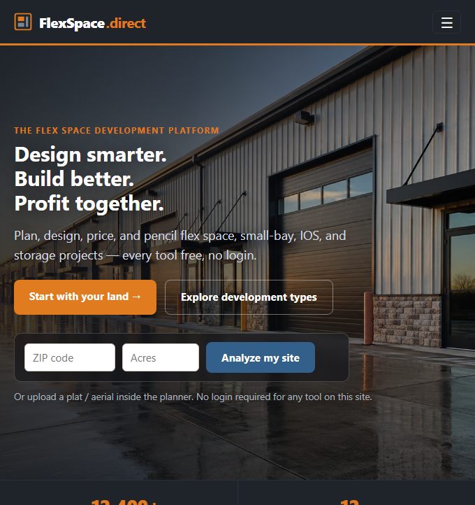 FlexSpace.direct homepage — a flex-space development platform built by SiteWorks
